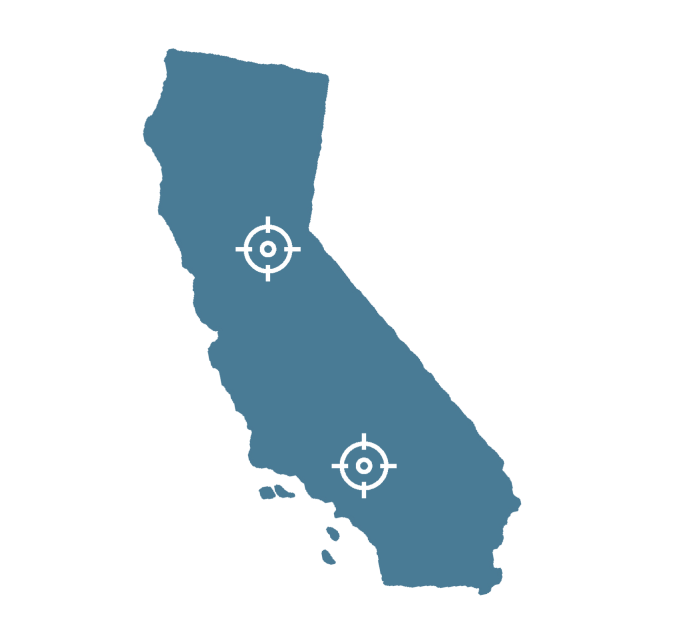 California-1 State of California with bullseye on Sacramento and Los Angeles