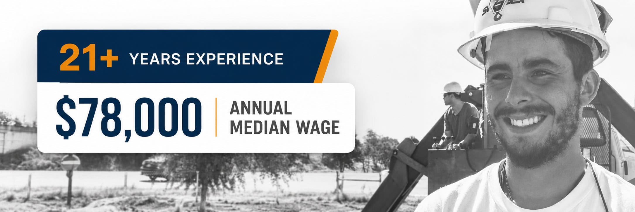 California crane operator smiling median wage 78000 dollars and company with over 21 years experience